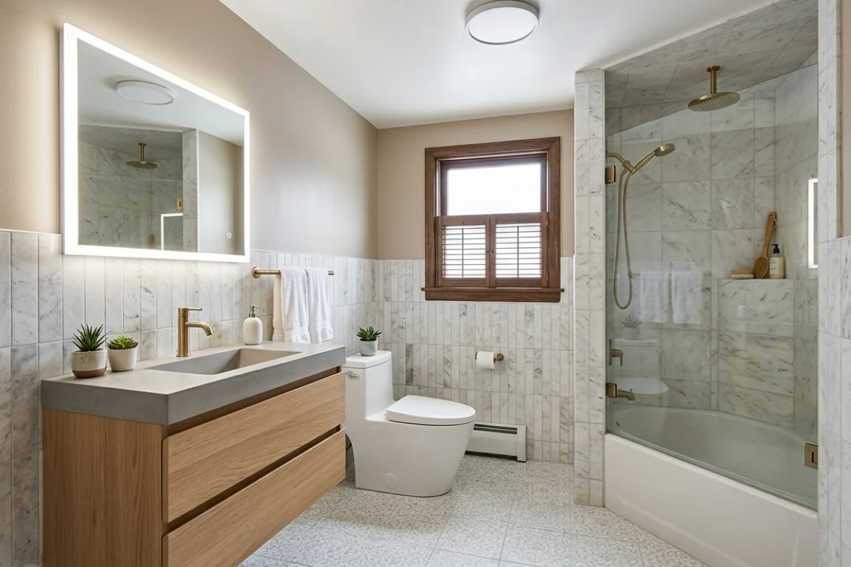 A modern, recently renovated bathroom with a wood floating vanity featuring a light concrete countertop sink and a brushed gold faucet.