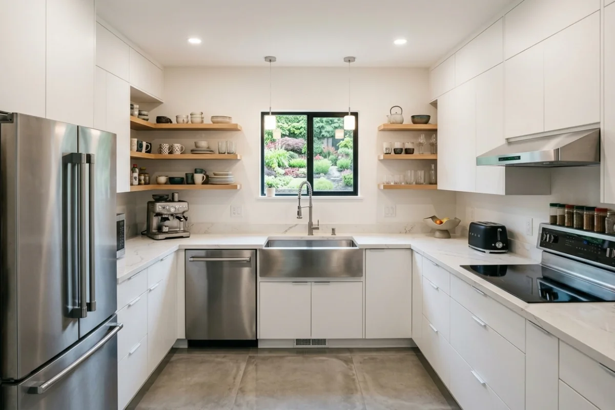 A high-resolution photograph of a clean, modern U-shaped kitchen featuring white flat-panel cabinets, light oak open shelving, and white marble-patterned quartz countertops.