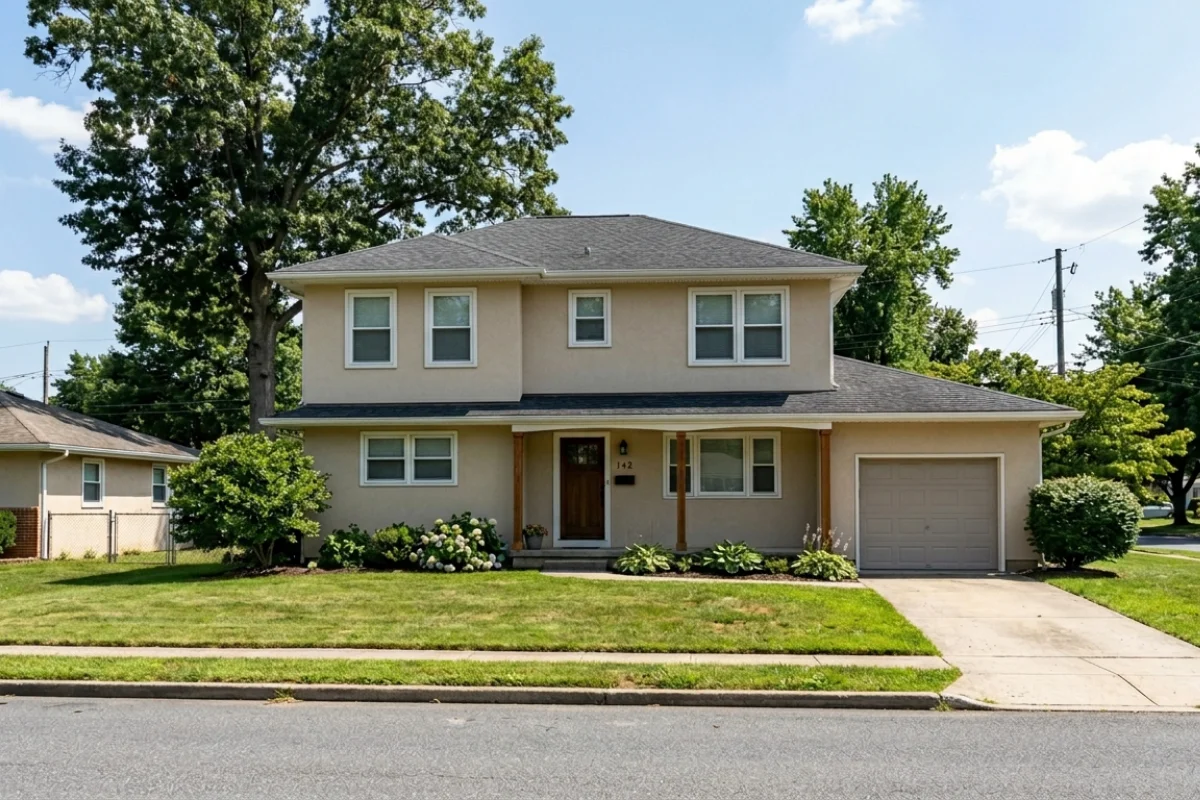 A front-view photograph of a two-story, single-family suburban house. The house has a light beige stucco exterior and a dark grey asphalt shingle hip roof.