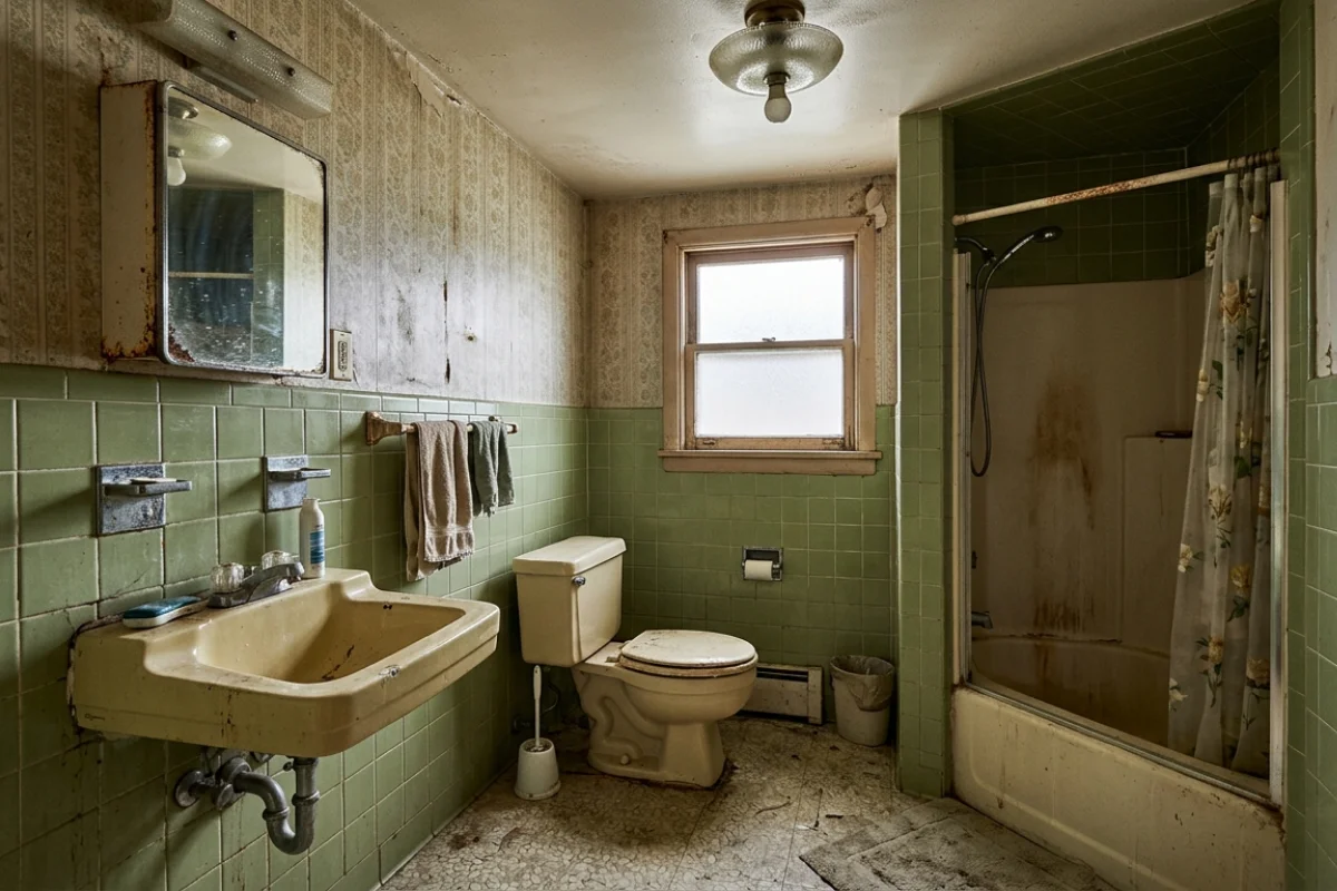 A dated, neglected bathroom before a renovation, featuring worn olive green wall tiles, peeling floral wallpaper, and a stained yellow porcelain sink and toilet.