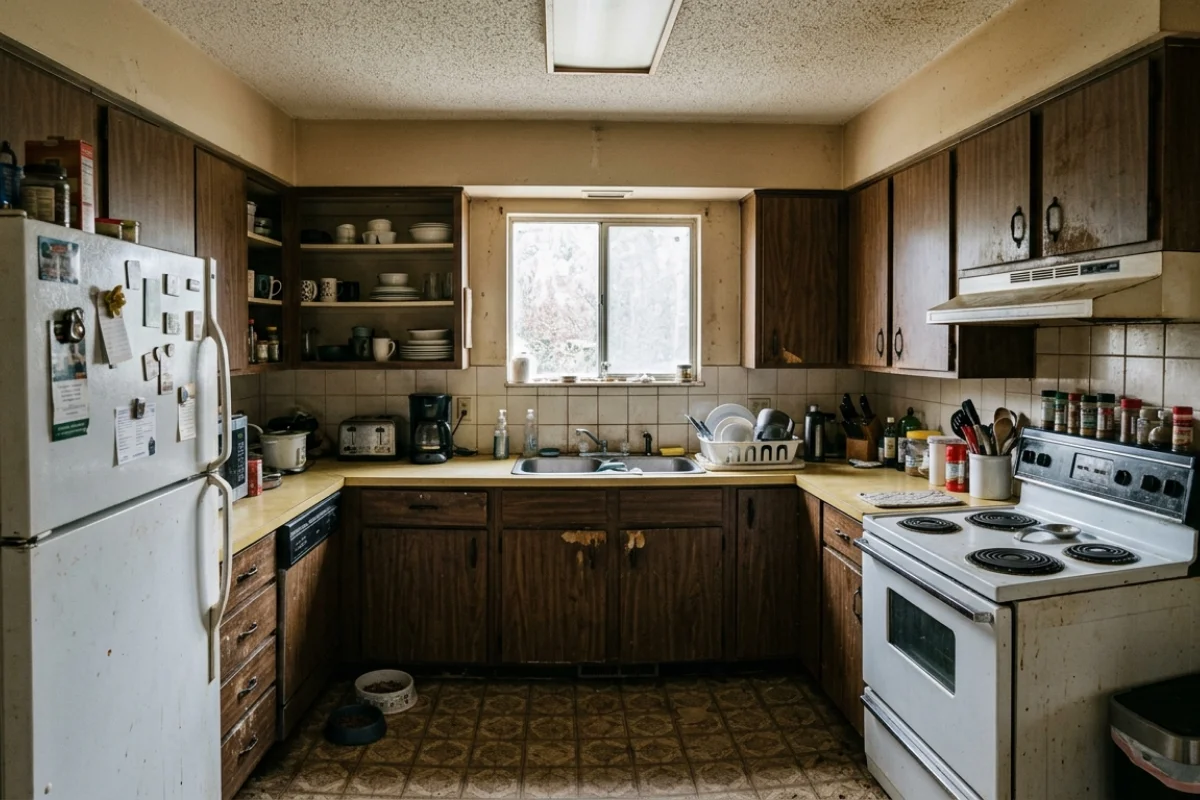 A cluttered, outdated U-shaped kitchen in need of renovation.