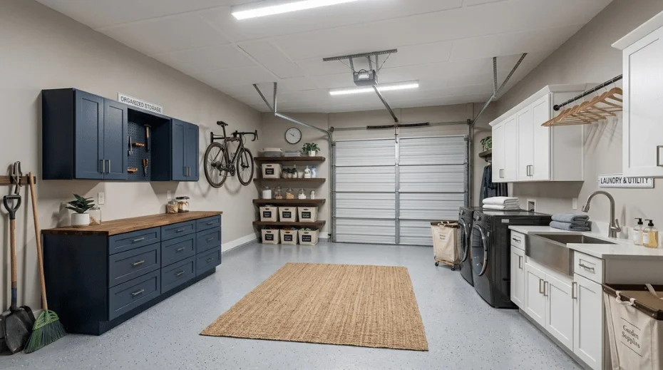 A finished garage remodeling project featuring a modern laundry station, custom blue cabinetry, an organized workbench, and clean epoxy flooring.