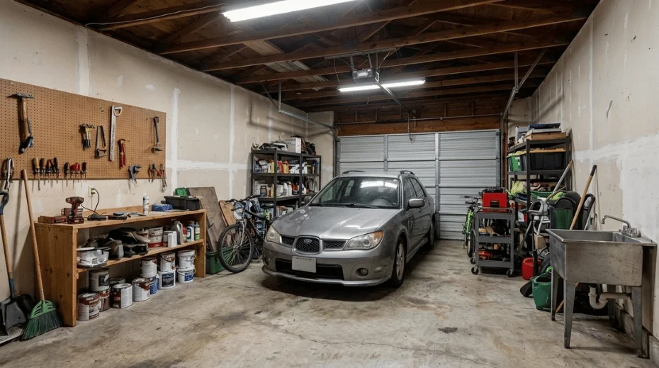 A cluttered, unfinished home garage before a garage remodeling project, featuring a silver car, a wooden workbench with tools, and metal storage shelves.